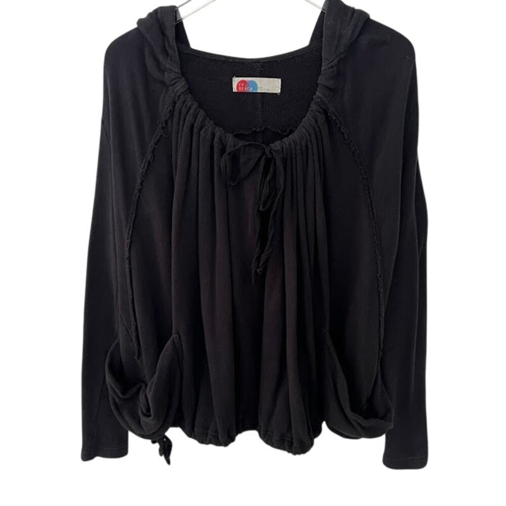 FP Beach Free People Black Gathered Neck Hoodie Top M Oversized with Pocket
